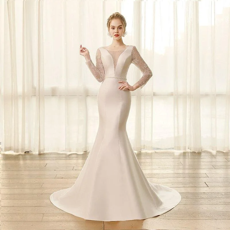 Princess Style Satin Mermaid Long Sleeve Bridal Dresses with Beaded Belt